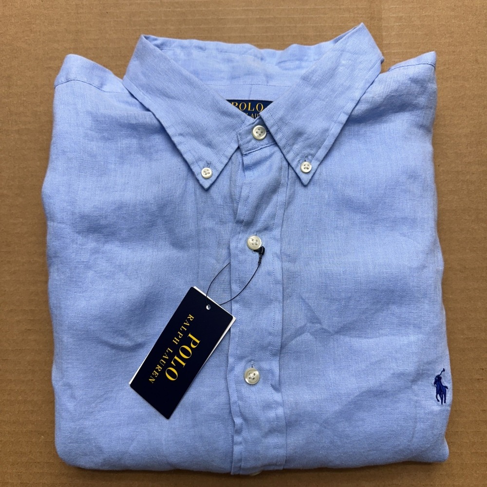Polo Ralph Lauren NWT Linen Button Down Shirt Mens Sz 2XLT Blue Short Sleeve